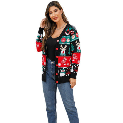 Amelia | Christmas Button-Up V-Neck Long Sleeve Cardigan