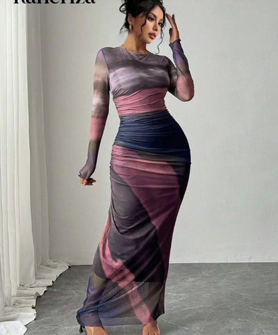 TORIN - Comfy Printed Long Sleeve Round Neck Bodycon Maxi Dress