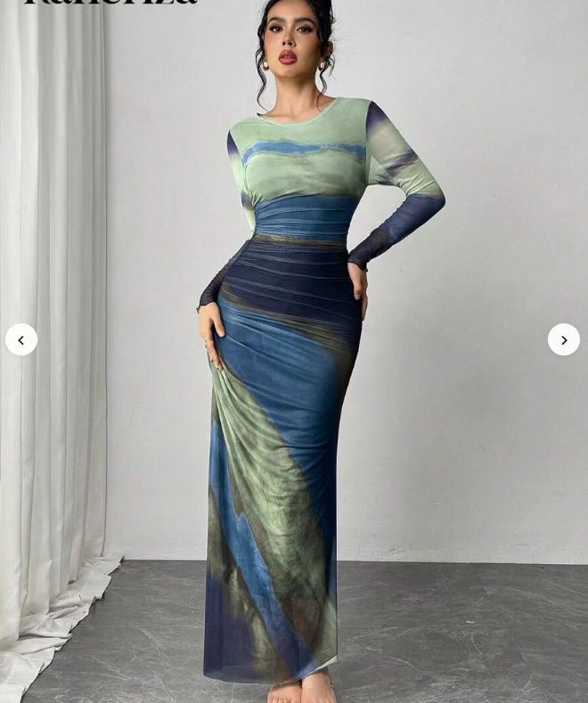 TORIN - Comfy Printed Long Sleeve Round Neck Bodycon Maxi Dress