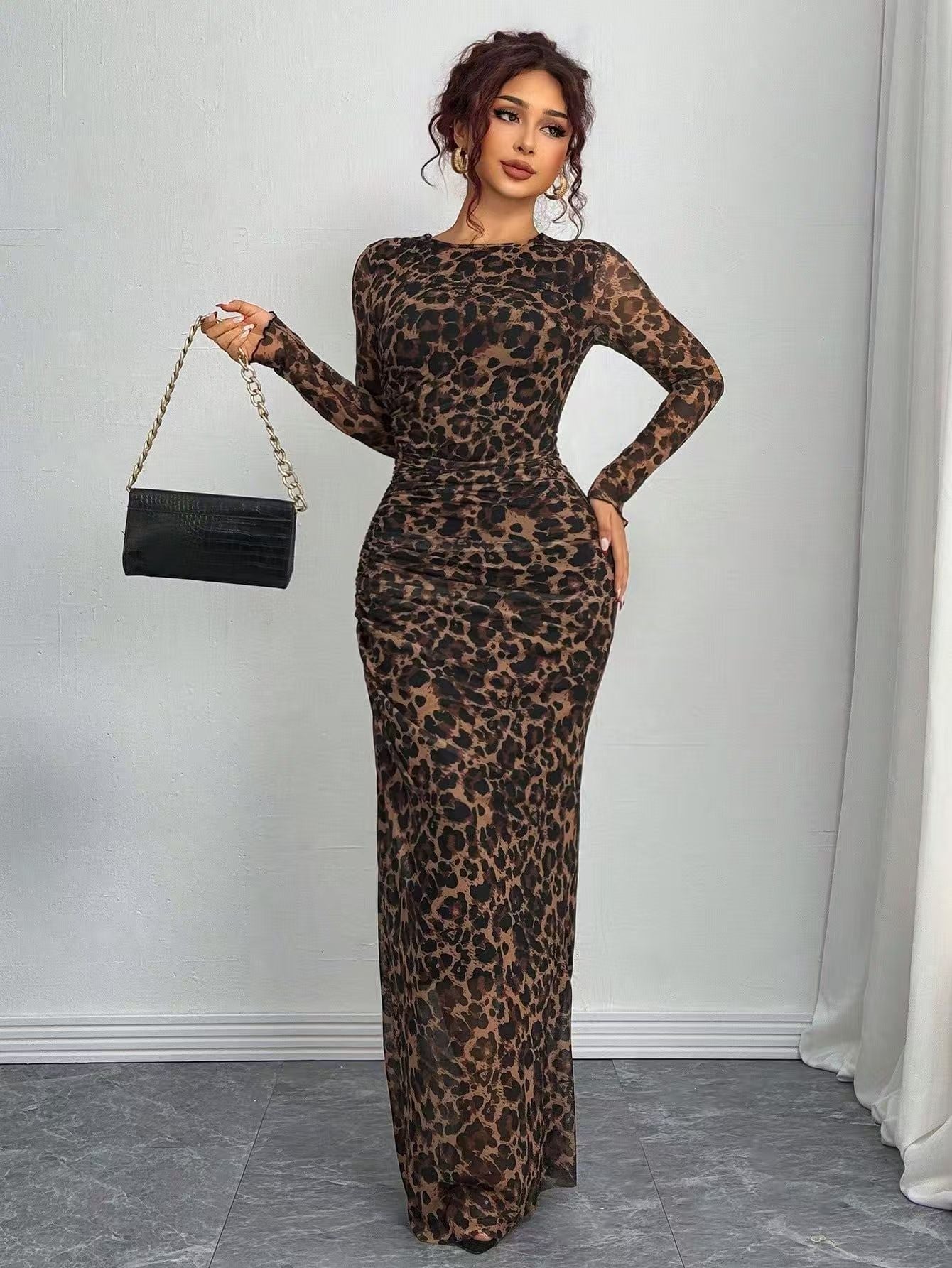 TORIN - Comfy Printed Long Sleeve Round Neck Bodycon Maxi Dress