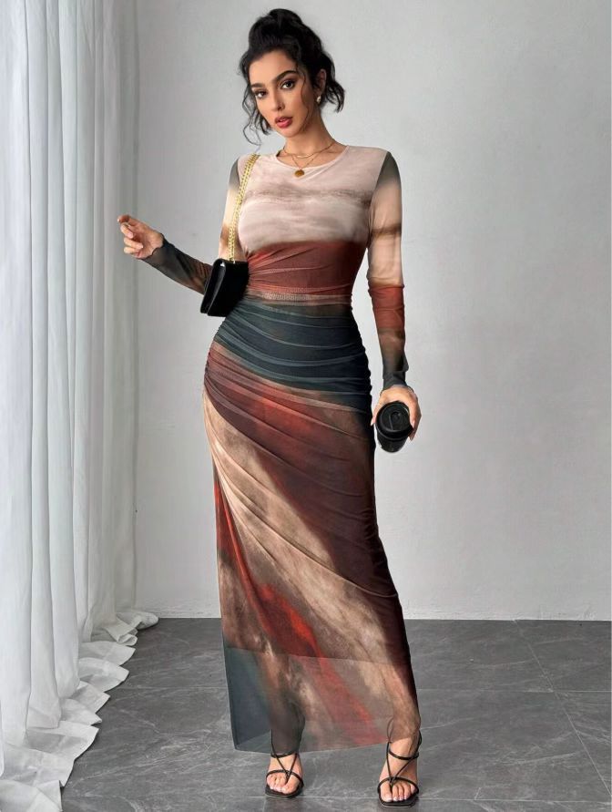 TORIN - Comfy Printed Long Sleeve Round Neck Bodycon Maxi Dress