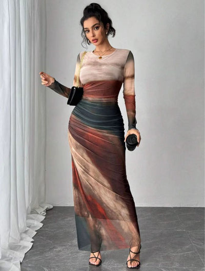 TORIN - Comfy Printed Long Sleeve Round Neck Bodycon Maxi Dress