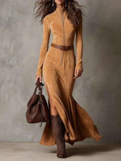 SANRA | Long Suede Dress with Zip and Belt